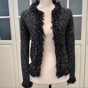 One Girl Who fringed, black/white marled cardigan